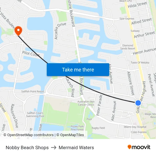 Nobby Beach Shops to Mermaid Waters map