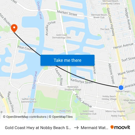 Gold Coast Hwy at Nobby Beach Station to Mermaid Waters map
