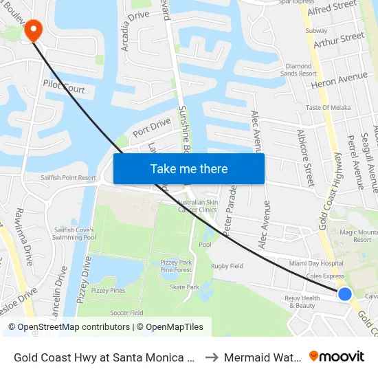 Gold Coast Hwy at Santa Monica Road to Mermaid Waters map