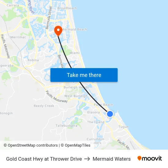 Gold Coast Hwy at Thrower Drive to Mermaid Waters map