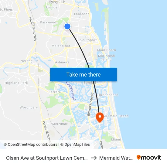 Olsen Ave at Southport Lawn Cemetery to Mermaid Waters map