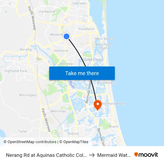Nerang Rd at Aquinas Catholic College to Mermaid Waters map