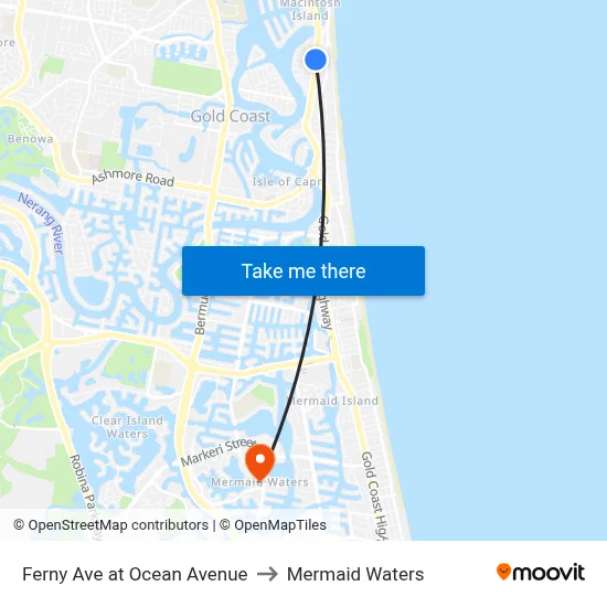 Ferny Ave at Ocean Avenue to Mermaid Waters map