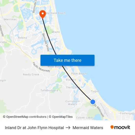 Inland Dr at John Flynn Hospital to Mermaid Waters map