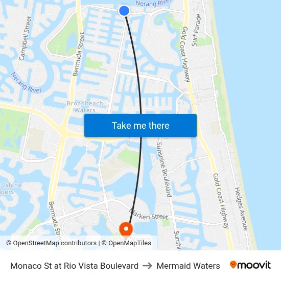 Monaco St at Rio Vista Boulevard to Mermaid Waters map