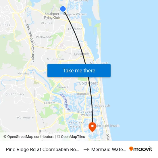 Pine Ridge Rd at Coombabah Road to Mermaid Waters map