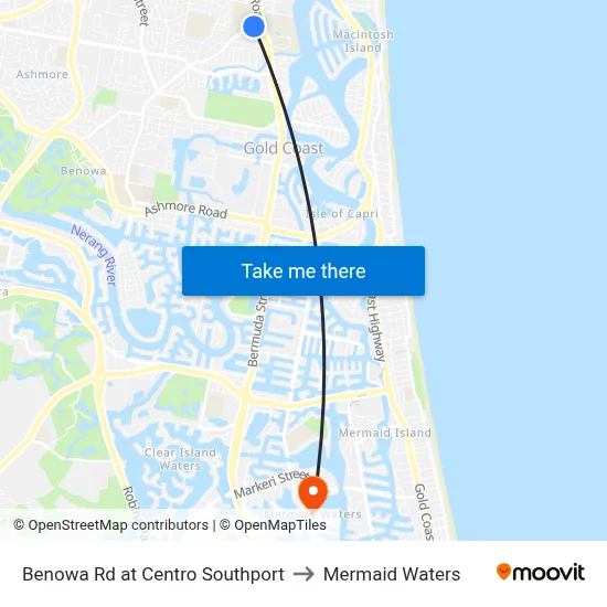 Benowa Rd at Centro Southport to Mermaid Waters map