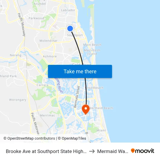 Brooke Ave at Southport State High School to Mermaid Waters map