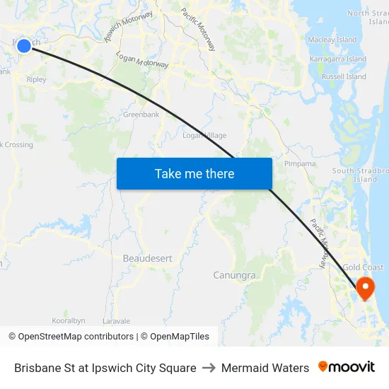 Brisbane St at Ipswich City Square to Mermaid Waters map