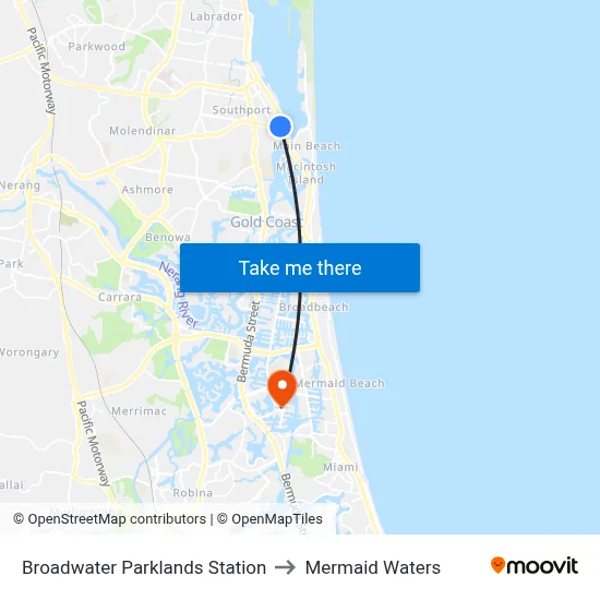 Broadwater Parklands Station to Mermaid Waters map