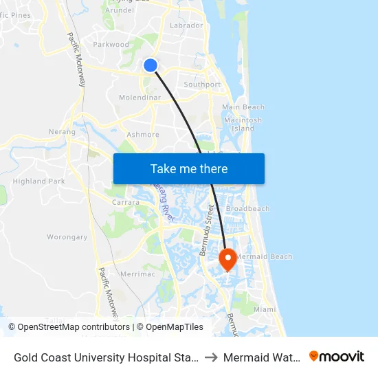 Gold Coast University Hospital Station to Mermaid Waters map
