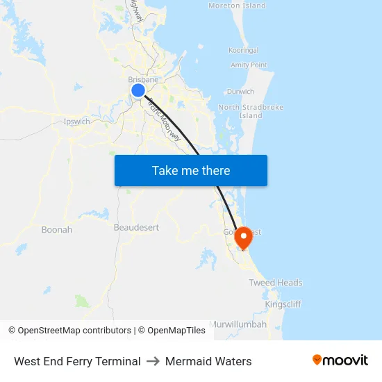West End Ferry Terminal to Mermaid Waters map