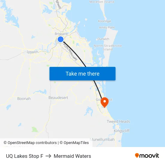 UQ Lakes Stop F to Mermaid Waters map
