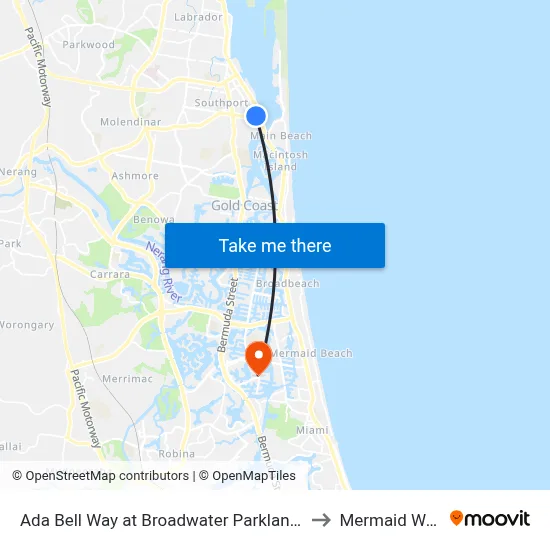 Ada Bell Way at Broadwater Parklands Station to Mermaid Waters map