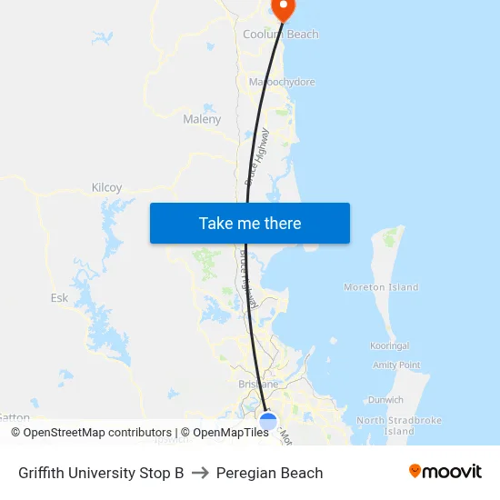 Griffith University Stop B to Peregian Beach map