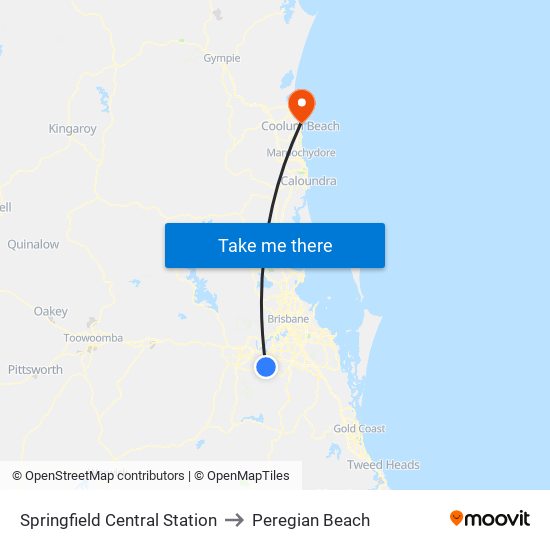 Springfield Central Station to Peregian Beach map