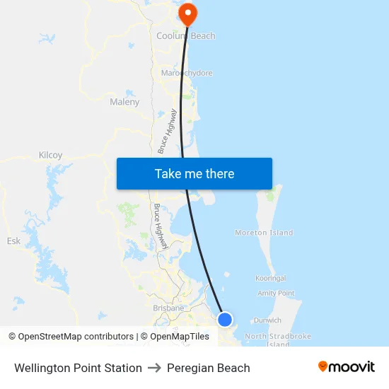 Wellington Point Station to Peregian Beach map