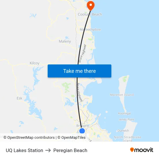 UQ Lakes Station to Peregian Beach map