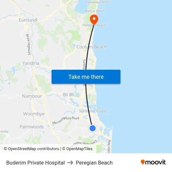 Buderim Private Hospital to Peregian Beach map