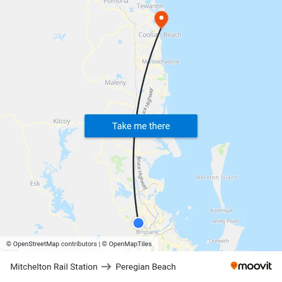 Mitchelton Rail Station to Peregian Beach map