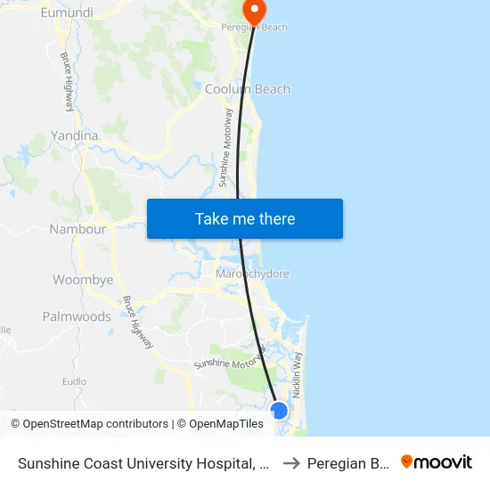Sunshine Coast University Hospital, Platform 1 to Peregian Beach map