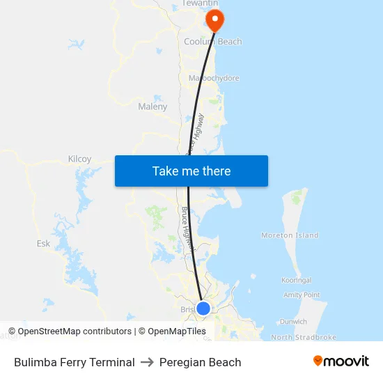 Bulimba Ferry Terminal to Peregian Beach map