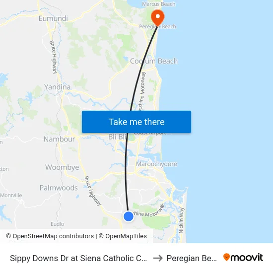 Sippy Downs Dr at Siena Catholic College to Peregian Beach map
