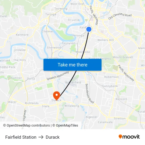 Fairfield Station to Durack map