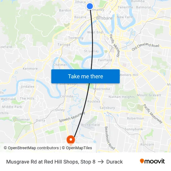 Musgrave Rd at Red Hill Shops, Stop 8 to Durack map