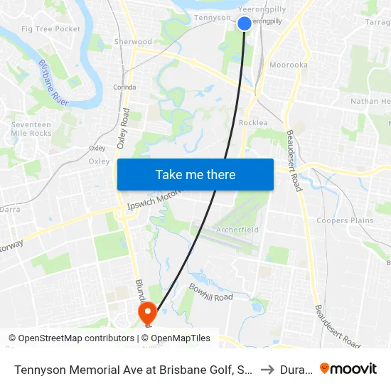 Tennyson Memorial Ave at Brisbane Golf, Stop 36 to Durack map