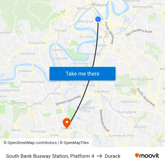 South Bank Busway Station, Platform 4 to Durack map