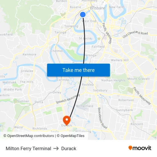 Milton Ferry Terminal to Durack map