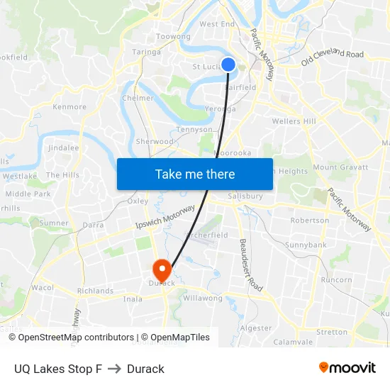 UQ Lakes Stop F to Durack map