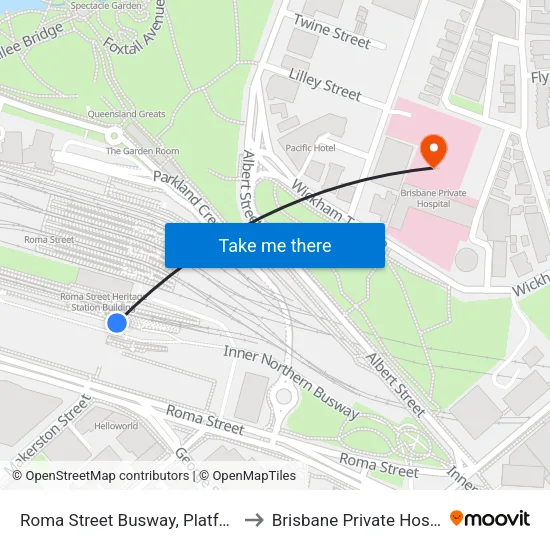 Roma Street Busway, Platform 2 to Brisbane Private Hospital map