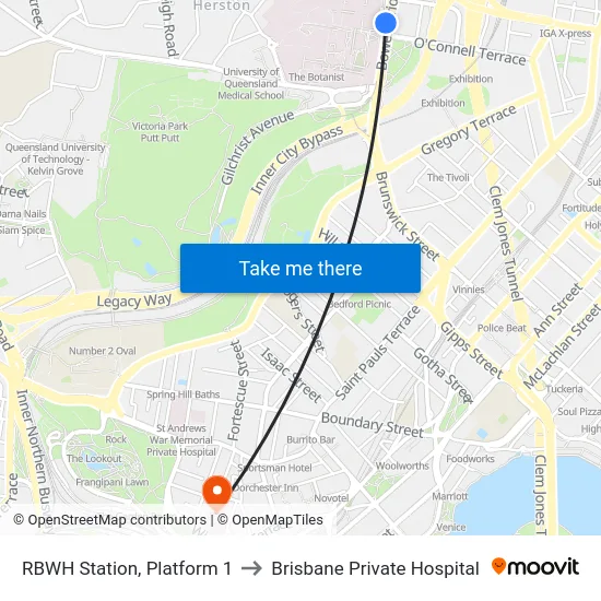 RBWH Station, Platform 1 to Brisbane Private Hospital map