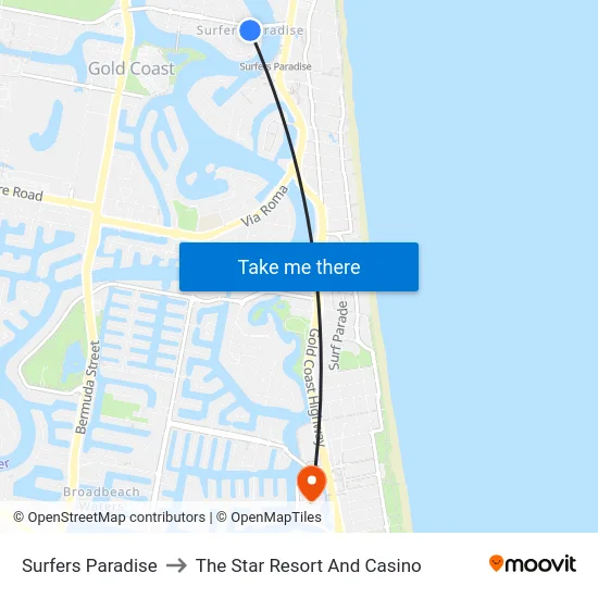 Surfers Paradise to The Star Resort And Casino map