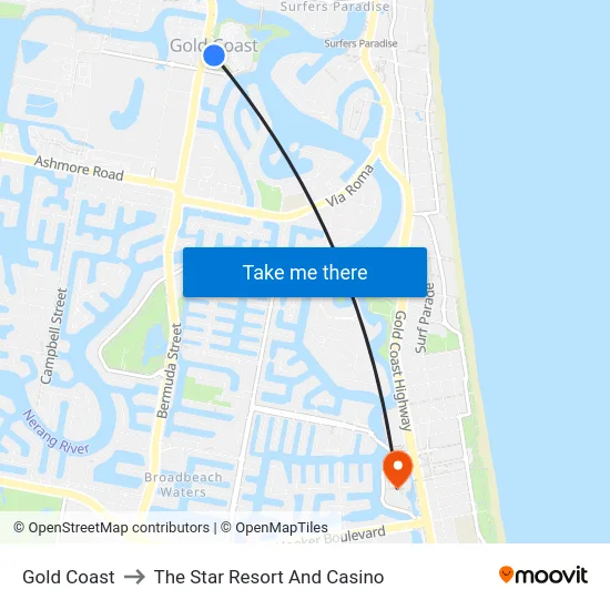 Gold Coast to The Star Resort And Casino map