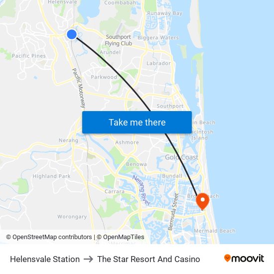 Helensvale Station to The Star Resort And Casino map