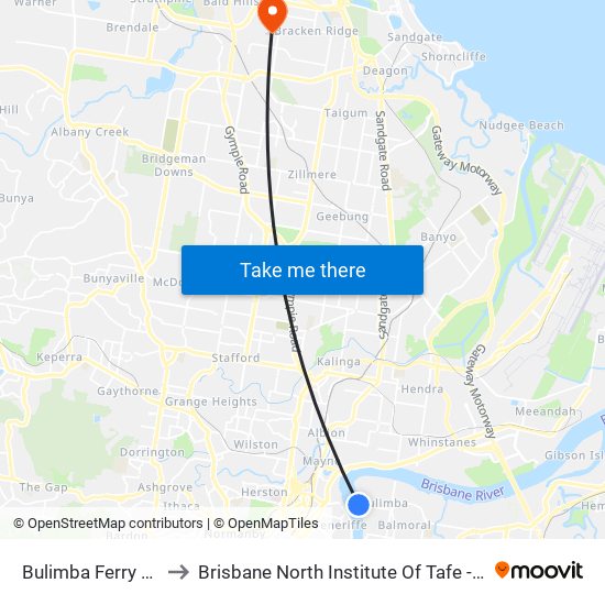 Bulimba Ferry Terminal to Brisbane North Institute Of Tafe - Bracken Ridge map