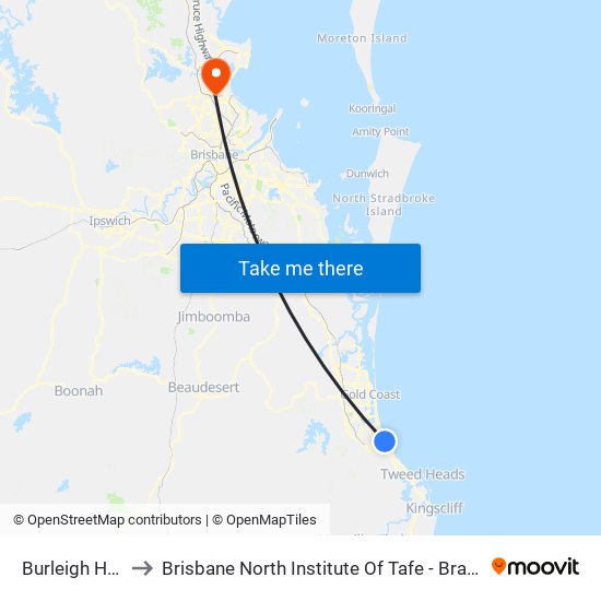 Burleigh Heads to Brisbane North Institute Of Tafe - Bracken Ridge map