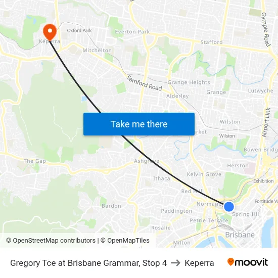 Gregory Tce at Brisbane Grammar, Stop 4 to Keperra map