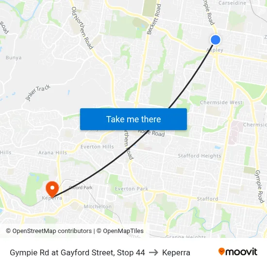 Gympie Rd at Gayford Street, Stop 44 to Keperra map