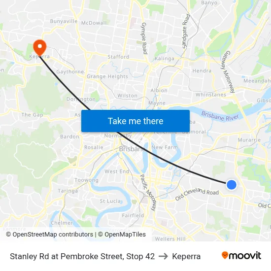 Stanley Rd at Pembroke Street, Stop 42 to Keperra map