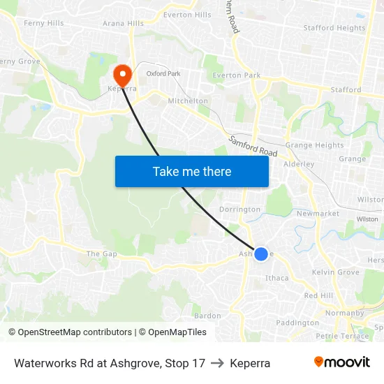 Waterworks Rd at Ashgrove, Stop 17 to Keperra map