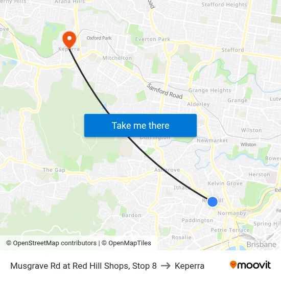 Musgrave Rd at Red Hill Shops, Stop 8 to Keperra map