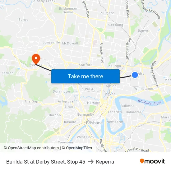 Burilda St at Derby Street, Stop 45 to Keperra map