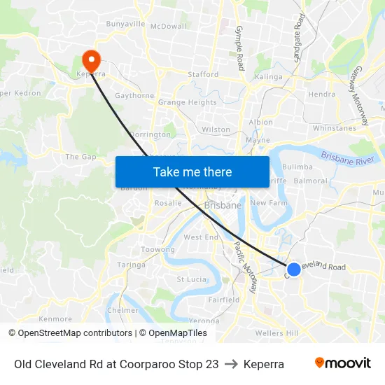 Old Cleveland Rd at Coorparoo Stop 23 to Keperra map