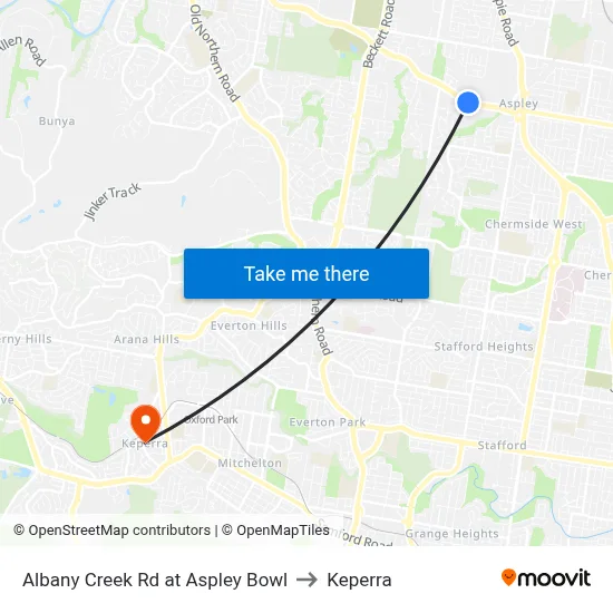 Albany Creek Rd at Aspley Bowl to Keperra map