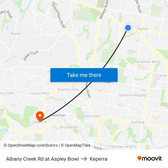 Albany Creek Rd at Aspley Bowl to Keperra map
