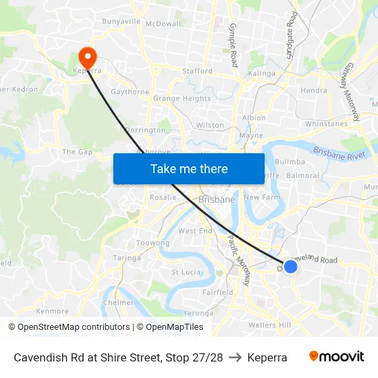 Cavendish Rd at Shire Street, Stop 27/28 to Keperra map
